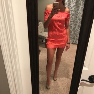 Topshop coral off the shoulder lace mini dress